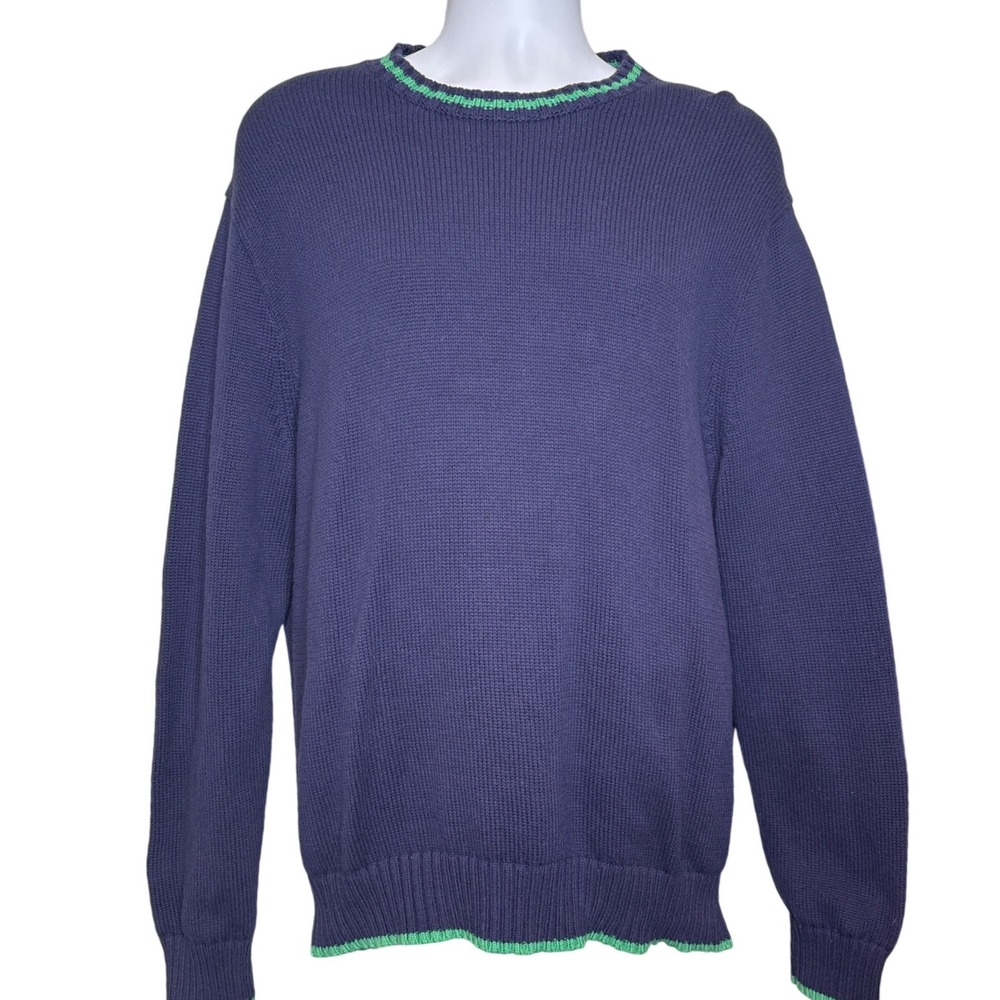 J Crew Mens Cotton Knit Crew Neck Sweater Navy Green Trim Est Sz XL Preppy